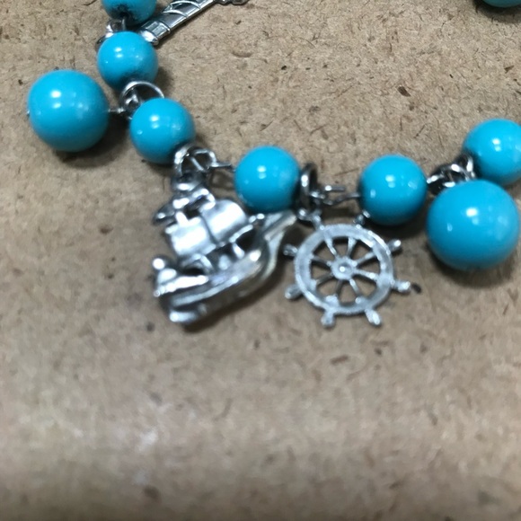 Vintage blue charm bracelet ship wheel bell seahorse anchor globe lighthouse - Picture 2 of 8